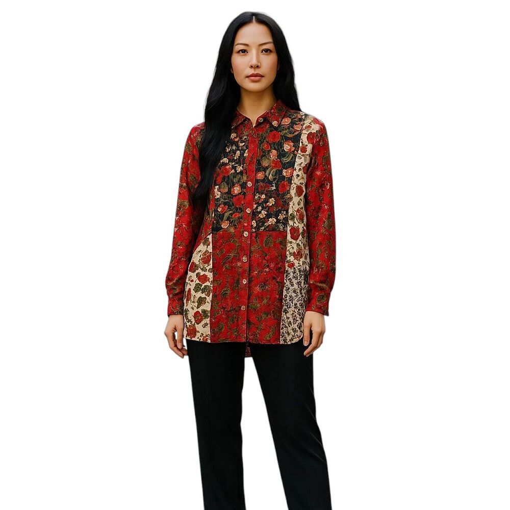 Hope Springs Multicolor‎ Floral Print Sheer Collared Buttonup Blouse Womens Med